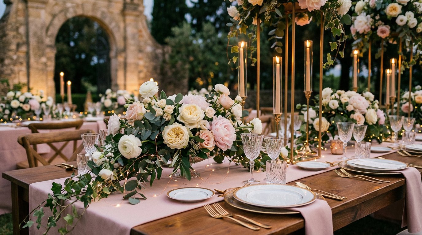 Table de mariage en extérieur avec nappe rose, fleurs roses et blanches, bougies, vaisselle dorée. Une arche en pierre est visible.