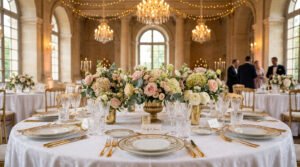 Table de mariage luxueuse avec centres de table floraux et vaisselle dorée dans une salle de réception élégante.