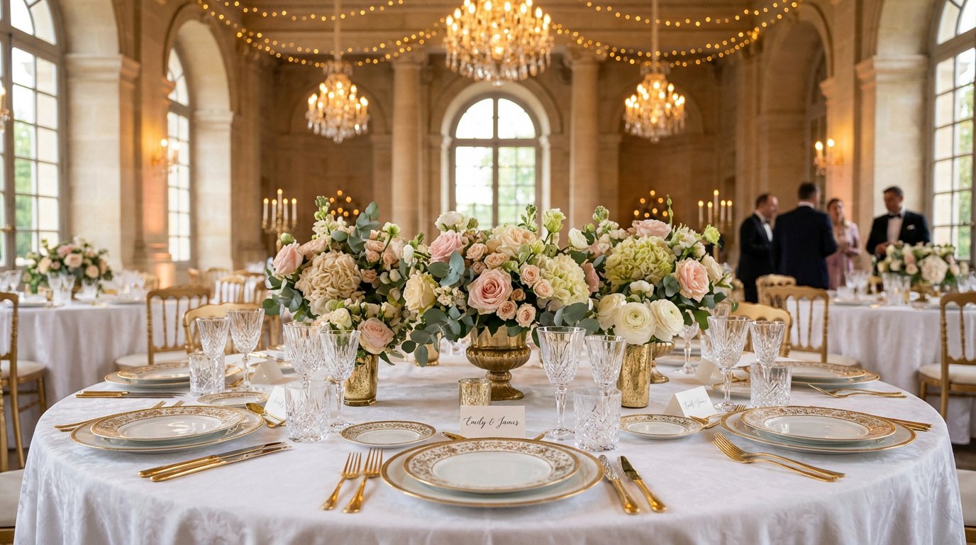 Table de mariage luxueuse avec centres de table floraux et vaisselle dorée dans une salle de réception élégante.