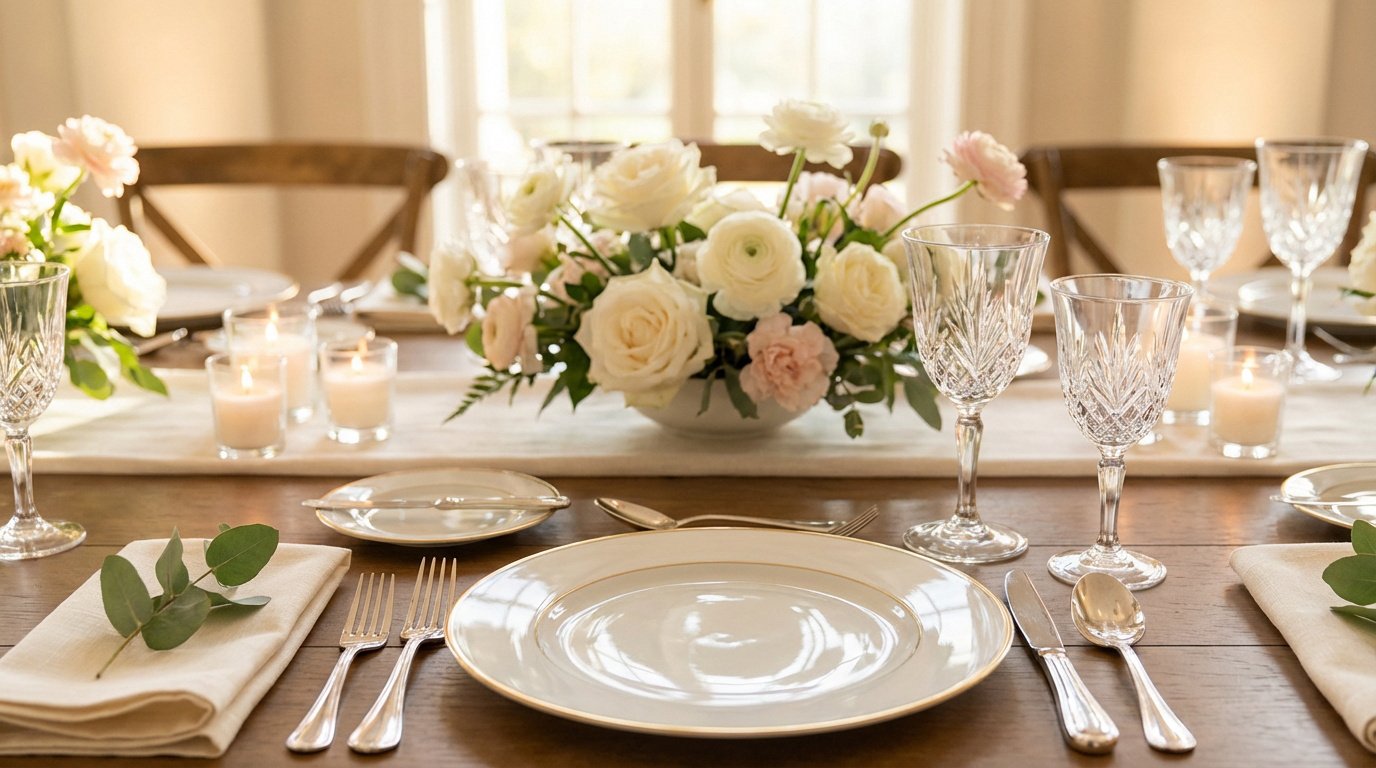 Table de mariage élégante avec vaisselle raffinée, verres en cristal, couverts argentés, serviettes en lin et centre de table floral aux tons doux avec bougies.