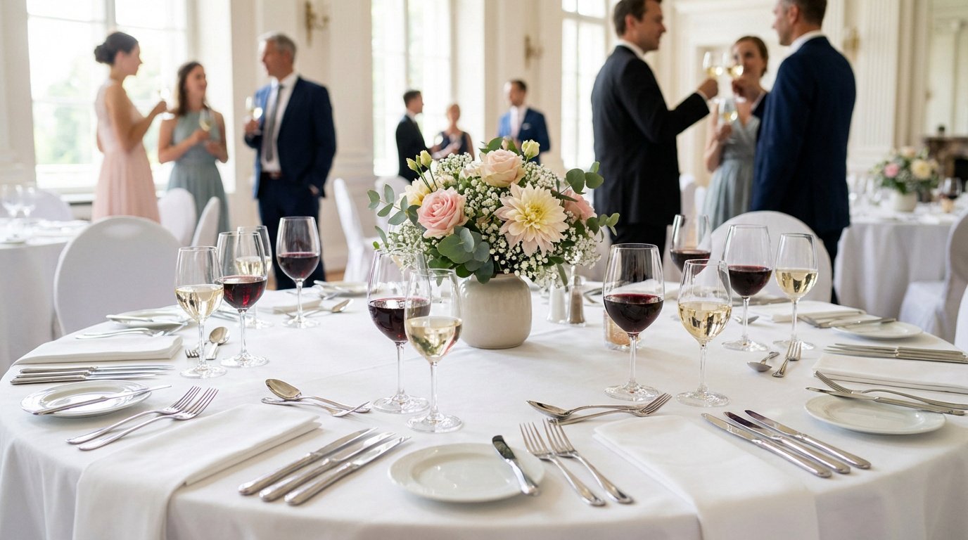 Table d'événement dressée avec vaisselle, couverts, verres à vin, centre de table floral. Personnes en tenue de soirée en arrière-plan.