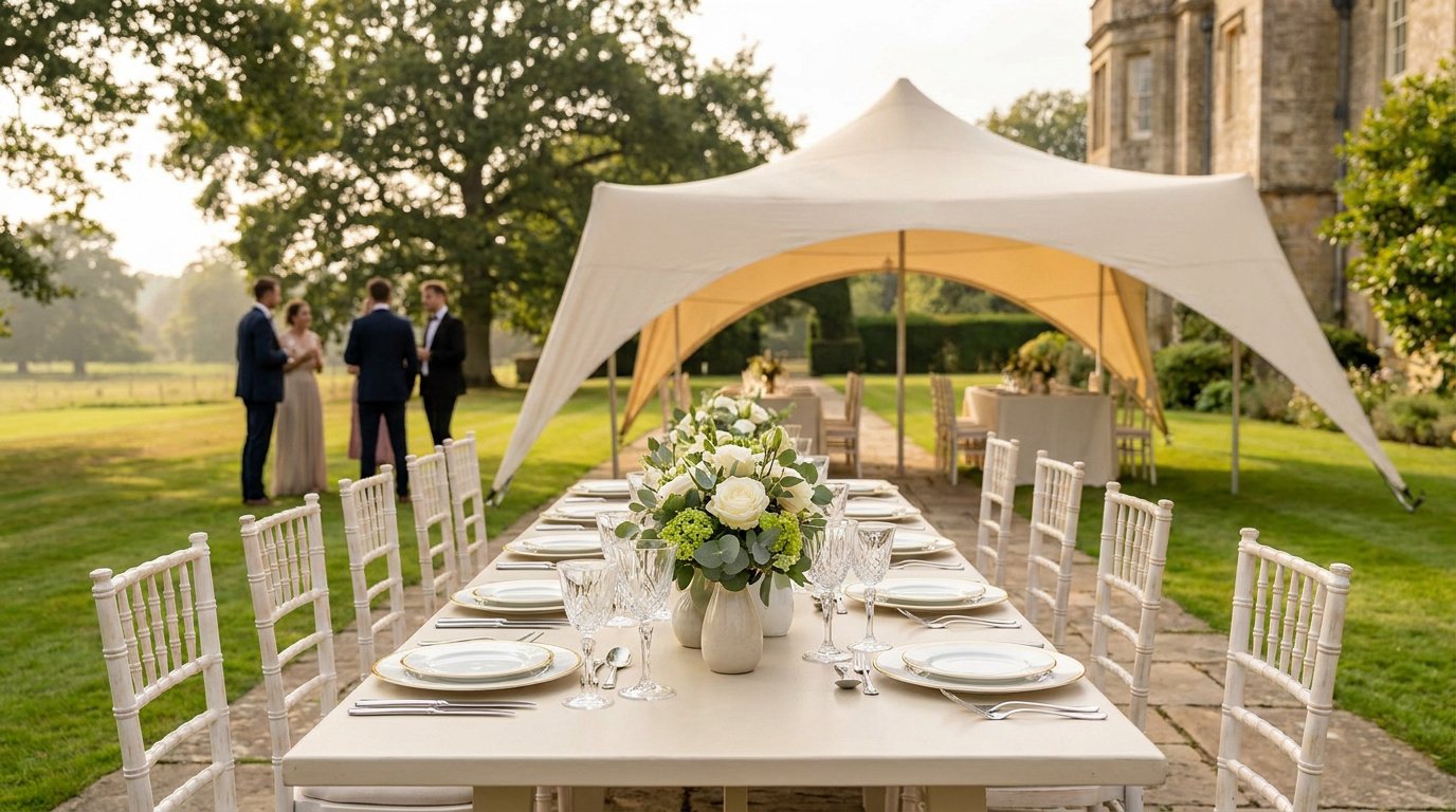 Table de mariage élégante dressée en extérieur sous une tente de réception dans un parc verdoyant.