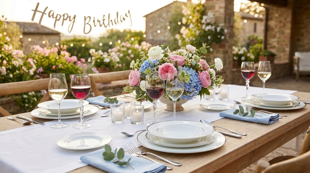 Table de fête élégante en extérieur avec fleurs, vaisselle raffinée, verres et guirlande Happy Birthday dans l'Oise.