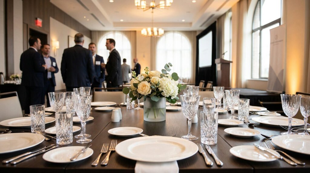 Table élégante dressée avec vaisselle en cristal pour un événement d'entreprise avec des convives en arrière-plan.